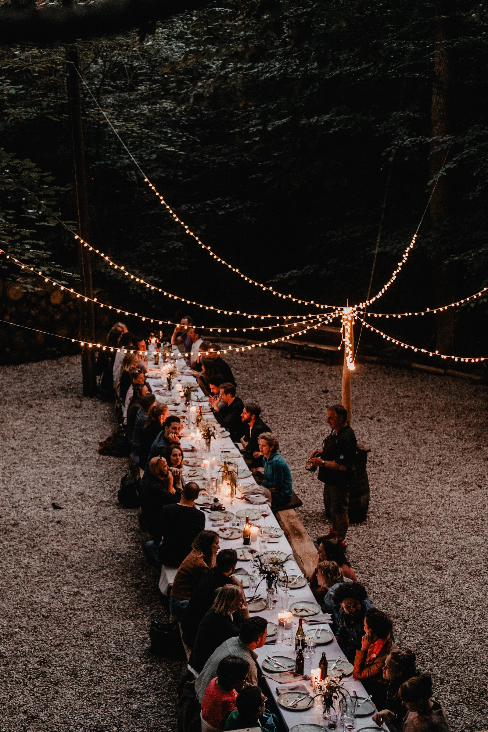 Rein ins Grün — Tafel im Wald in der Dämmerung mit Lichterketten und Kerzen